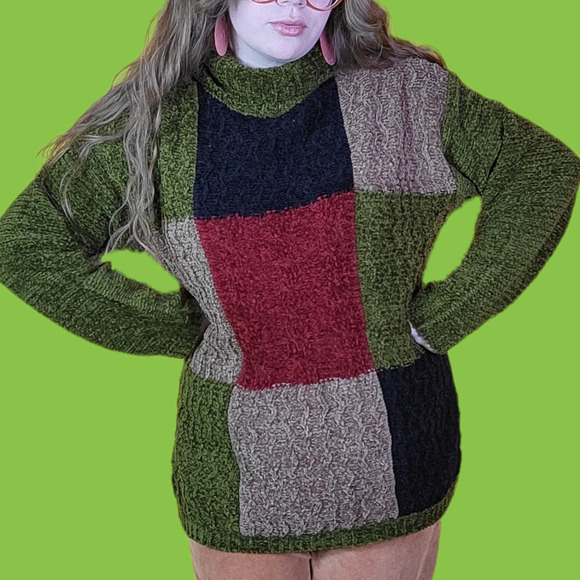Reference Point Sweaters - 90s All Points Chenille Knit Green Colorblock Turtleneck Sweater, M